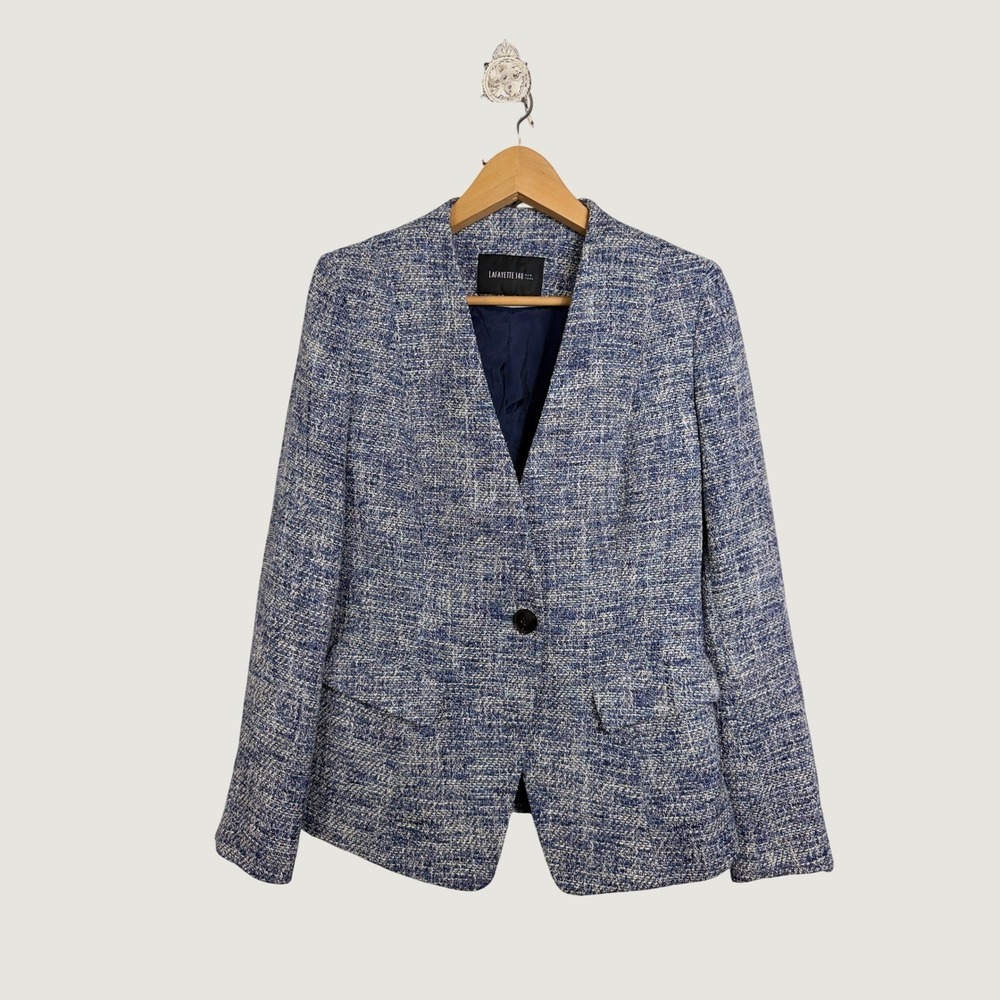 Lafayette 148 Blazer Womens 4 Blue White Tweed Textured Single Button Jacket